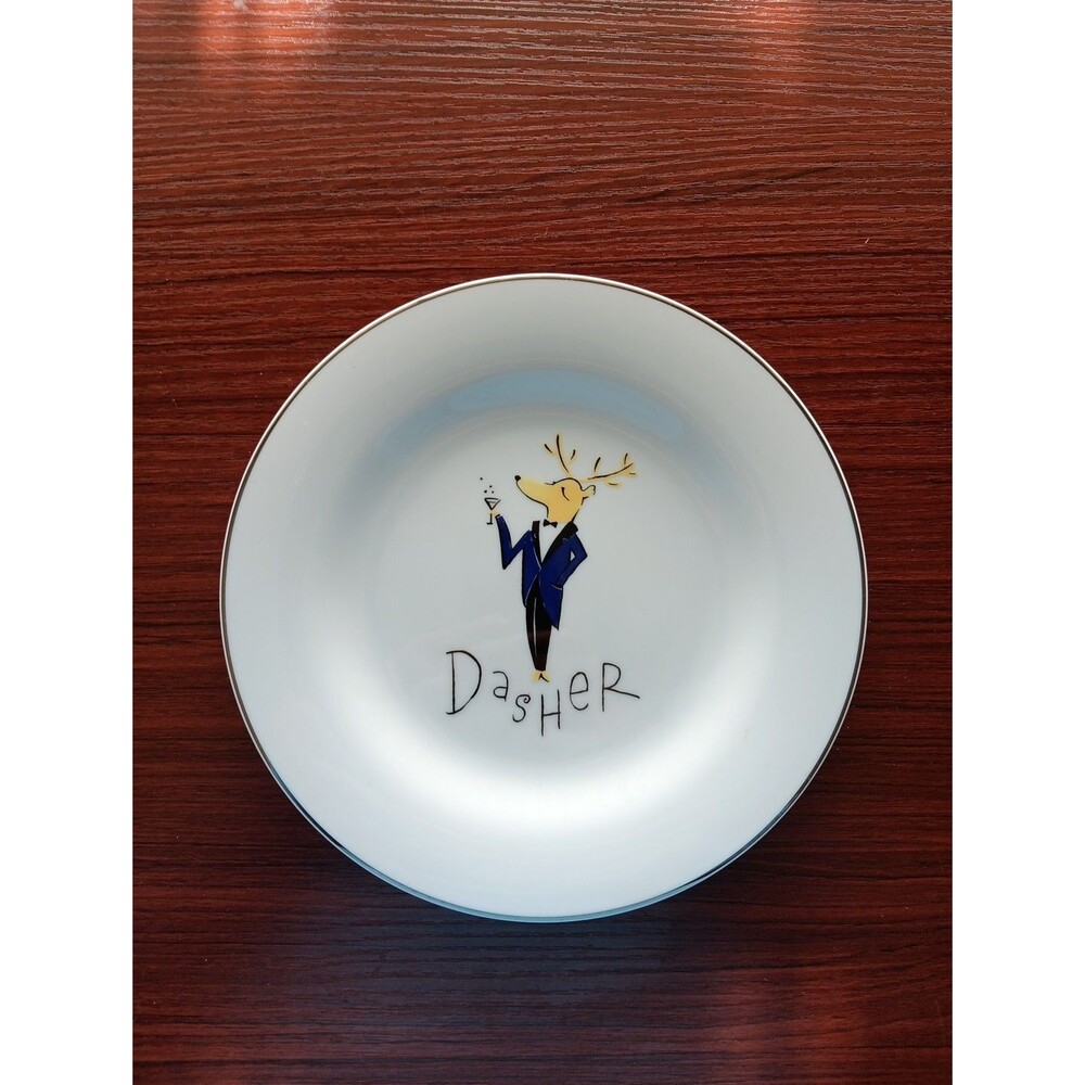 Pottery Barn DASHER Reindeer Salad Dessert Plate 8” Christmas Silver Rimmed EUC